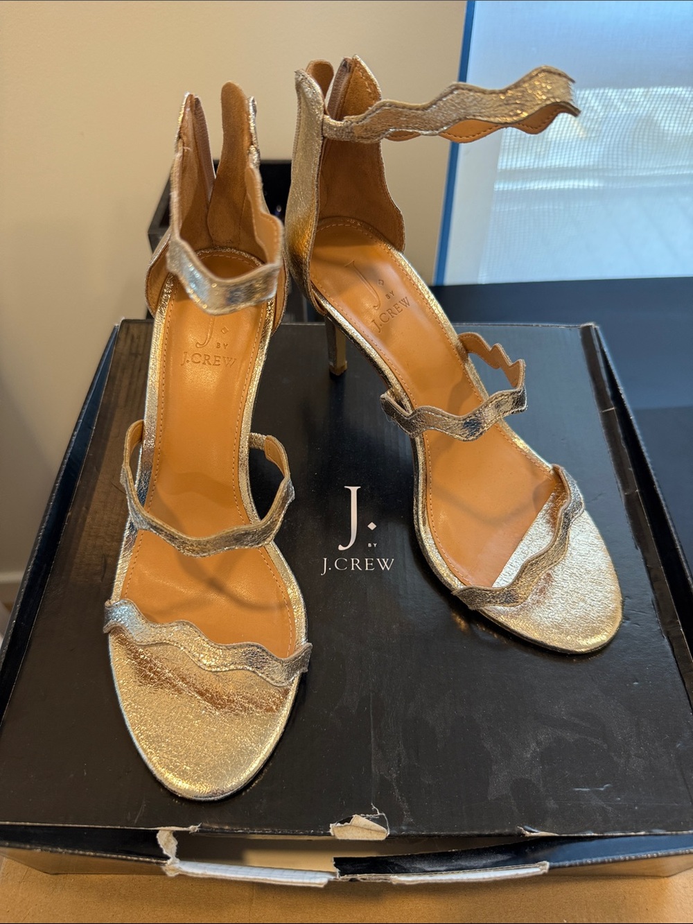 J. Crew Gold Wavy Strap Heels